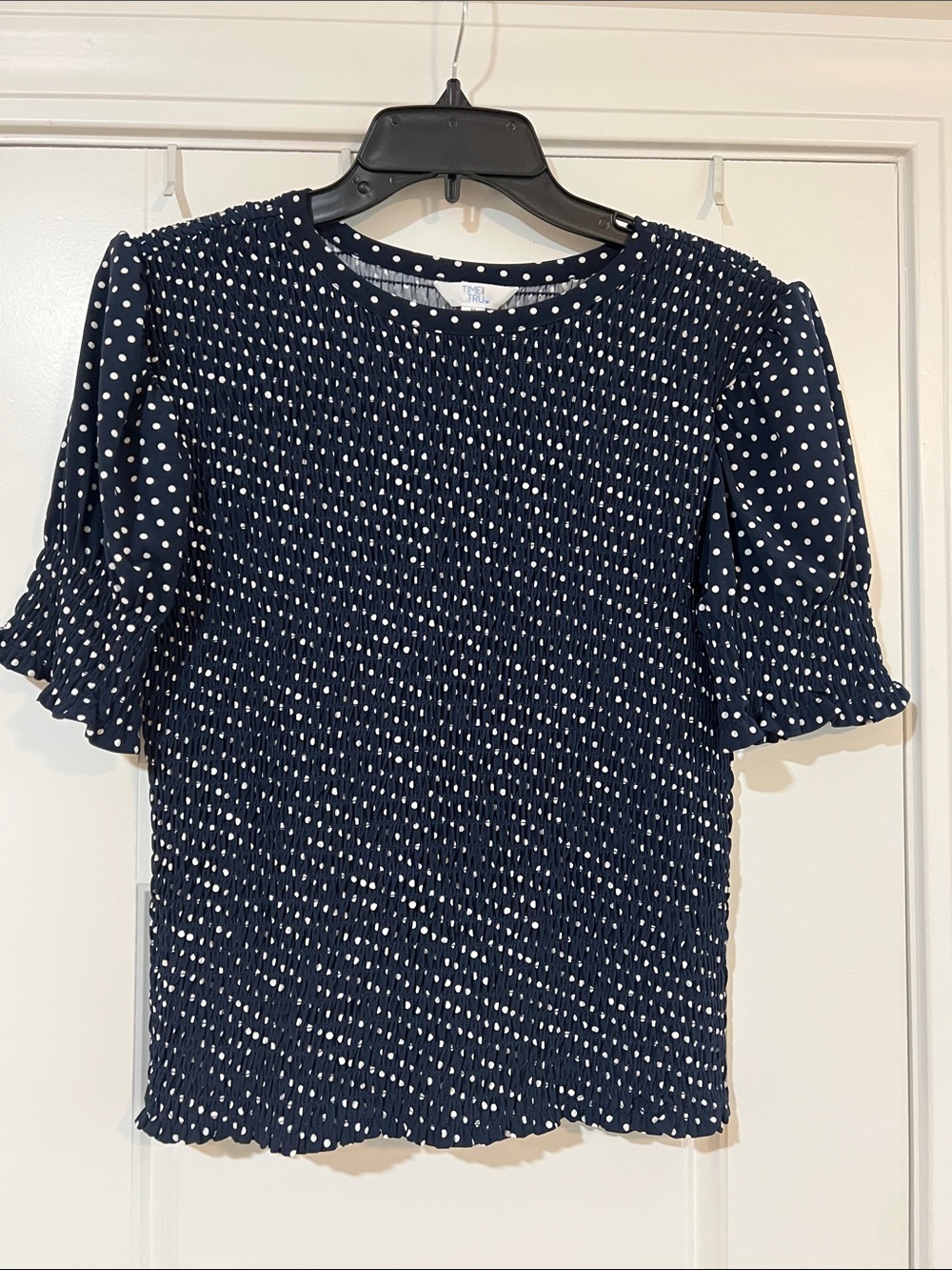 Time and Tru Navy and White Polka Dot Smocked Puff Sleeve Blouse